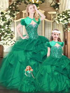 Green Organza Lace Up Quinceanera Gowns Sleeveless Floor Length Beading and Ruffles