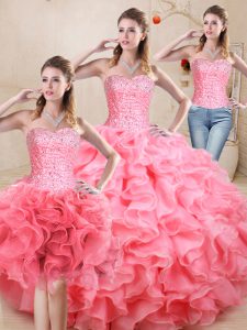 Organza Sweetheart Sleeveless Lace Up Beading and Ruffles Quinceanera Gowns in Watermelon Red