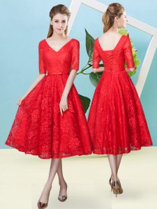 Simple Red Empire V-neck Half Sleeves Lace Tea Length Lace Up Bowknot Court Dresses for Sweet 16