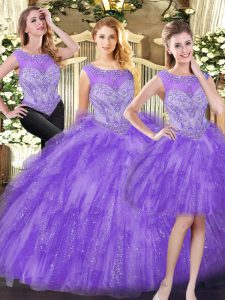 Eggplant Purple Three Pieces Organza Scoop Sleeveless Beading and Ruffles Floor Length Lace Up Quinceanera Gown