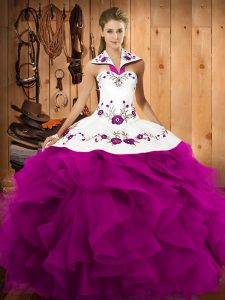 Floor Length Fuchsia Quinceanera Gown Tulle Sleeveless Embroidery and Ruffles