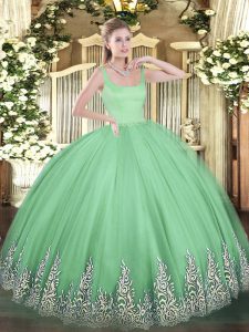 Affordable Floor Length Zipper Quinceanera Gowns Apple Green for Military Ball and Sweet 16 and Quinceanera with Appliques