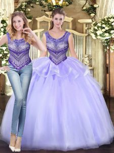 Lavender Tulle Lace Up Scoop Sleeveless Floor Length Sweet 16 Quinceanera Dress Beading and Ruffles