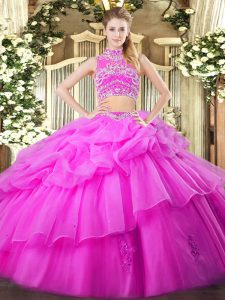 Lilac High-neck Backless Beading and Ruffles and Pick Ups Quinceanera Dresses Sleeveless