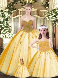 Sweetheart Sleeveless Quince Ball Gowns Floor Length Beading Gold Tulle