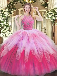 Multi-color Halter Top Neckline Beading and Ruffles Ball Gown Prom Dress Sleeveless Zipper