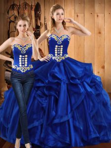 Simple Sleeveless Floor Length Embroidery and Ruffles Lace Up Quinceanera Gowns with Royal Blue