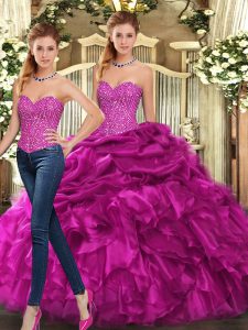 Flare Fuchsia Lace Up Sweet 16 Quinceanera Dress Beading and Ruffles Sleeveless Floor Length