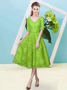 Customized Tea Length Dama Dress for Quinceanera Lace Half Sleeves Bowknot