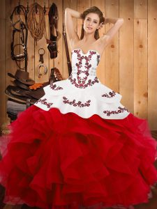 Floor Length White And Red 15 Quinceanera Dress Satin and Organza Sleeveless Embroidery and Ruffles