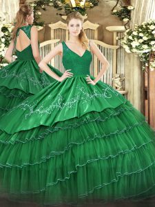 Elegant V-neck Sleeveless Zipper Quinceanera Dress Green Satin and Tulle