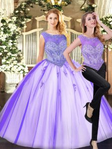 Lavender Tulle Zipper Scoop Sleeveless Floor Length Ball Gown Prom Dress Beading