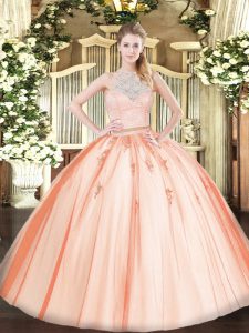 Scoop Sleeveless Ball Gown Prom Dress Floor Length Lace and Appliques Orange Tulle