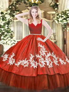 Attractive Wine Red Ball Gown Prom Dress Military Ball and Sweet 16 and Quinceanera with Beading and Appliques V-neck Sleeveless Zipper