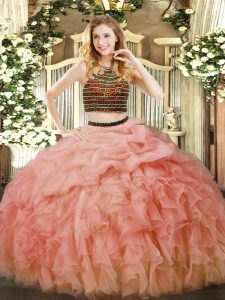 Baby Pink Zipper Halter Top Beading and Ruffles Quinceanera Gown Organza Sleeveless