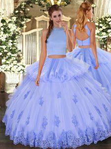 Inexpensive Halter Top Sleeveless Ball Gown Prom Dress Floor Length Beading and Appliques and Ruffles Light Blue Tulle