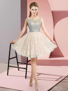 Champagne Empire Lace Scoop Cap Sleeves Beading Mini Length Backless Dress for Prom