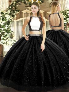 Gorgeous Black Two Pieces Halter Top Sleeveless Tulle Floor Length Backless Ruching Vestidos de Quinceanera