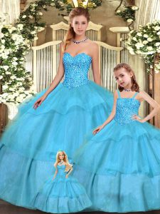 Aqua Blue Organza Lace Up Sweetheart Sleeveless Floor Length Quinceanera Dress Beading and Ruffled Layers