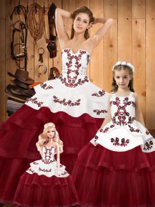 Wine Red Quinceanera Gowns Organza Sweep Train Sleeveless Embroidery