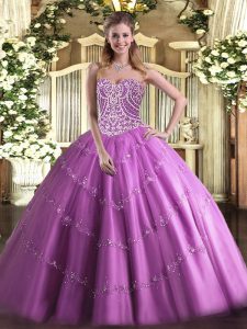 Artistic Lilac Tulle Lace Up Quinceanera Dresses Sleeveless Floor Length Beading