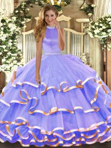Sleeveless Organza Floor Length Backless Quinceanera Dresses in Lavender with Beading and Ruffled Layers