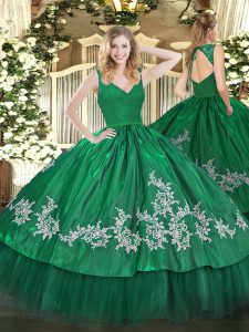 Dark Green Taffeta Zipper V-neck Sleeveless Floor Length Sweet 16 Dresses Beading and Appliques