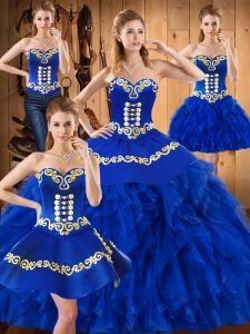 Spectacular Blue Sleeveless Satin and Organza Lace Up Vestidos de Quinceanera for Military Ball and Sweet 16 and Quinceanera