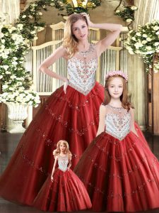 Wine Red Sleeveless Floor Length Beading Lace Up 15th Birthday Dress
