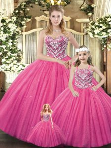 Best Selling Sleeveless Tulle Floor Length Lace Up Sweet 16 Dress in Hot Pink with Beading