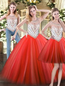 Floor Length Zipper 15 Quinceanera Dress Coral Red for Military Ball and Sweet 16 and Quinceanera with Beading