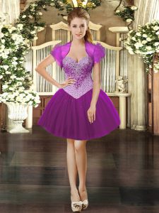 Glittering Fuchsia Tulle Lace Up Sweetheart Sleeveless Mini Length Beading