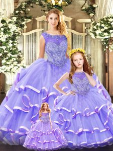 Sophisticated Lavender Lace Up Ball Gown Prom Dress Beading and Ruffled Layers Sleeveless Floor Length