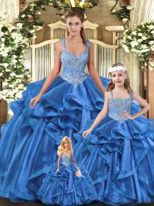 Best Blue Sleeveless Floor Length Beading and Ruffles Lace Up Sweet 16 Quinceanera Dress