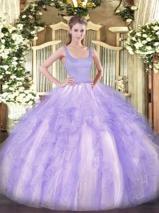 Lavender Ball Gowns Tulle Straps Sleeveless Beading and Ruffles Floor Length Zipper 15th Birthday Dress