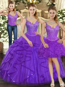 Vintage Purple Organza Lace Up Straps Sleeveless Floor Length Sweet 16 Dresses Beading and Ruffles