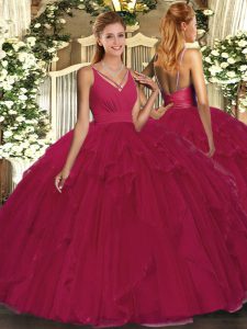 Great Fuchsia Tulle Backless Quinceanera Gown Sleeveless Floor Length Beading and Ruffles