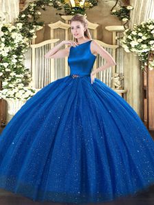 Best Floor Length Blue Ball Gown Prom Dress Scoop Sleeveless Clasp Handle