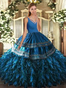 Floor Length Backless 15th Birthday Dress Blue for Sweet 16 and Quinceanera with Beading and Appliques and Ruffles