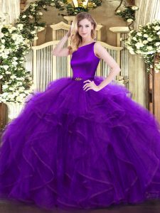 Edgy Floor Length Purple 15 Quinceanera Dress Scoop Sleeveless Clasp Handle