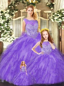 Eggplant Purple Ball Gowns Organza Scoop Sleeveless Beading and Ruffles Floor Length Lace Up Sweet 16 Quinceanera Dress