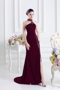 Burgundy Column/Sheath Beading Prom Gown Lace Up Elastic Woven Satin Sleeveless
