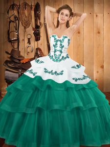 Turquoise Strapless Lace Up Embroidery and Ruffled Layers Quinceanera Dress Sweep Train Sleeveless