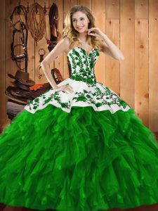 Affordable Floor Length Green 15 Quinceanera Dress Satin and Organza Sleeveless Embroidery and Ruffles