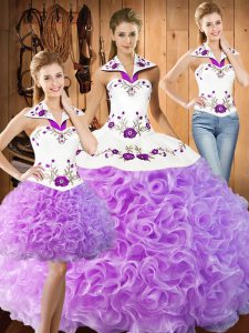 Elegant Sleeveless Floor Length Embroidery Lace Up 15th Birthday Dress with Lilac