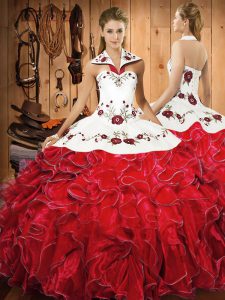 Wonderful Wine Red Sleeveless Satin and Organza Lace Up Sweet 16 Quinceanera Dress for Military Ball and Sweet 16 and Quinceanera