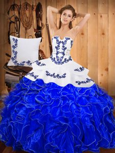 Nice Floor Length Blue And White 15th Birthday Dress Strapless Sleeveless Lace Up