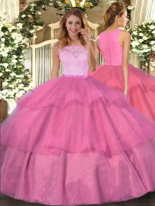 Sleeveless Organza Floor Length Clasp Handle Quinceanera Dress in Hot Pink with Lace and Ruffled Layers