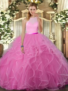 Adorable Floor Length Rose Pink Sweet 16 Quinceanera Dress Tulle Sleeveless Beading and Ruffles