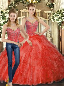 Red Sweet 16 Quinceanera Dress Military Ball and Sweet 16 and Quinceanera with Beading and Ruffles Straps Sleeveless Lace Up